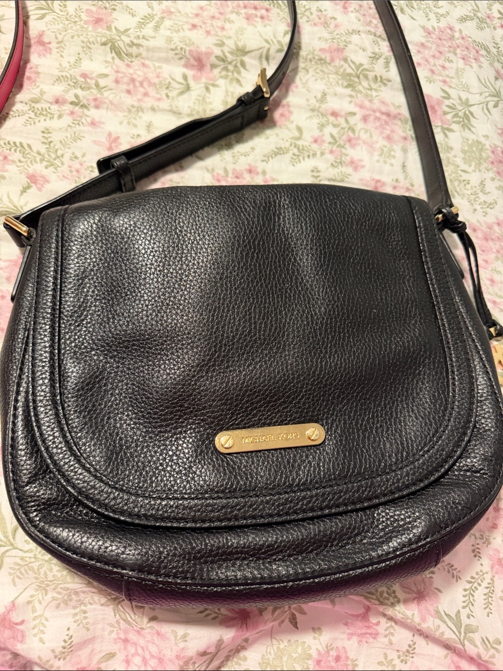 Michael Kors Black Pebbled Leather Saddle Crossbody with Gold Plaque